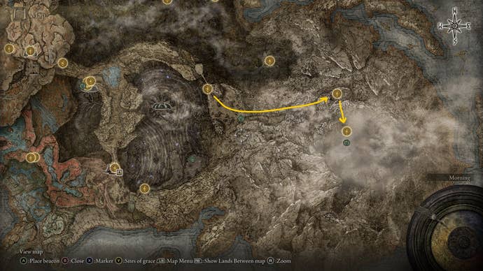 The route from the Jagged Peak Drake to Bayle the Dread is labelled on the Elden Ring Shadow of the Erdtree map