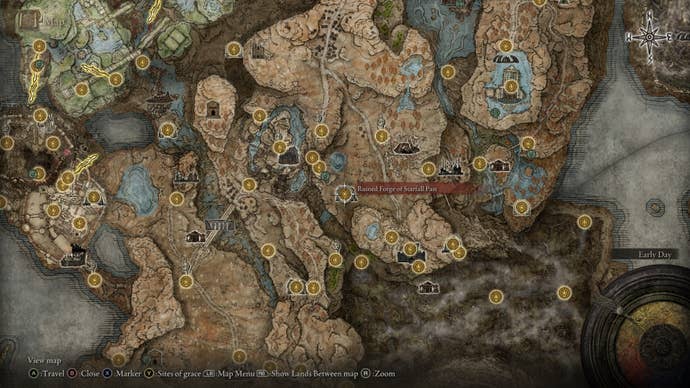 The location of the Ruined Forge of Starfall Past is marked on the Elden Ring Shadow of the Erdtree map