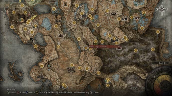 The location of the Ruined Forge Lava Intake is marked on the Elden Ring Shadow of the Erdtree map