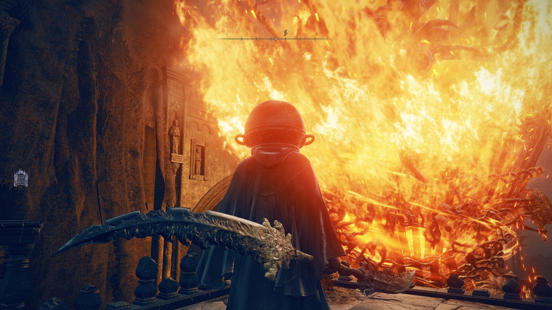 The Tarnished stands in front of a rudely awoken Furnace Golem in front of the Ruins of Unte in Elden Ring Shadow of the Erdtree - 6