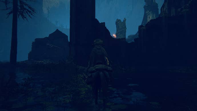 The Tarnished faces a wall outside of Ruins of Unte that can be jumped over on Torrent in Elden Ring Shadow of the Erdtree
