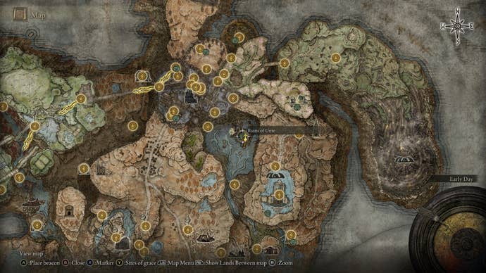 The location of the Ruins of Unte is marked on the Elden Ring Shadow of the Erdtree map