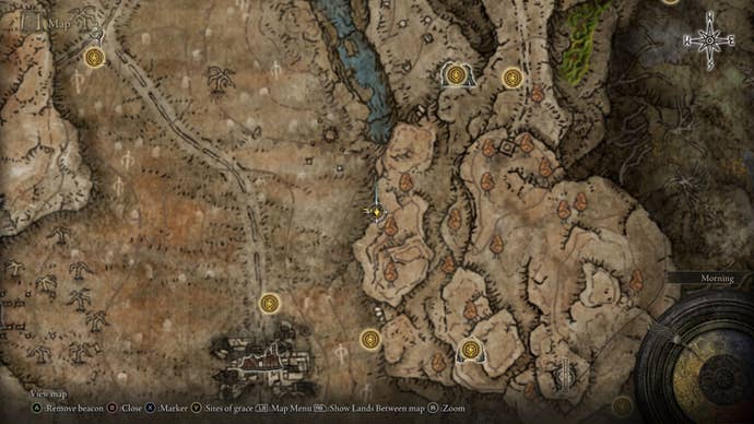 The location of The Sacred Tower painting is marked on the Elden Ring Shadow of the Erdtree map