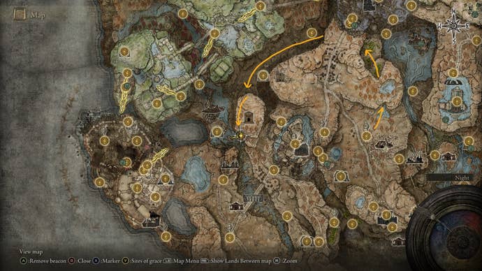 The location of The Sacred Tower painting solution is marked on the Elden Ring Shadow of the Erdtree map