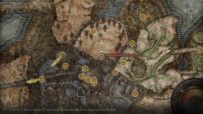 The location of a Scadutree Fragment at Shadow Keep Back Gate is marked on the Elden Ring Shadow of the Erdtree map