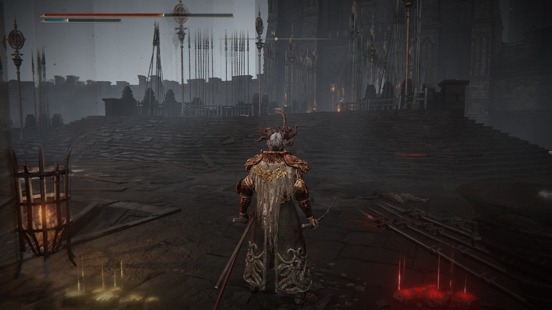 The Tarnished stands between two summon signs for Leda and the Hornsent in Shadow Keep's main plaza in Elden Ring Shadow of the Erdtree - 4