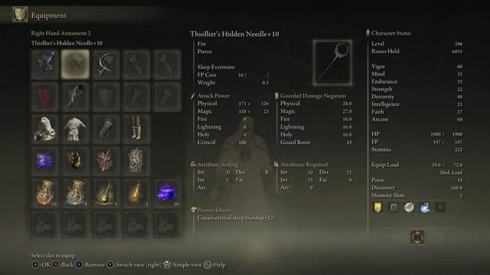 The equipment needed for an almost-viable Eternal Sleep build is shown in the player's equipment loadout in Elden Ring Shadow of the Erdtree