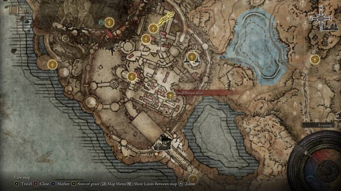The location of the Small Private Altar Site of Grace at Belurat Tower Settlement is marked on the Elden Ring Shadow of the Erdtree map