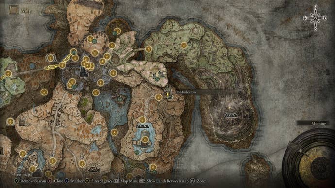 The location of the Spellmachinist's Bell Bearing is marked on the Elden Ring Shadow of the Erdtree map