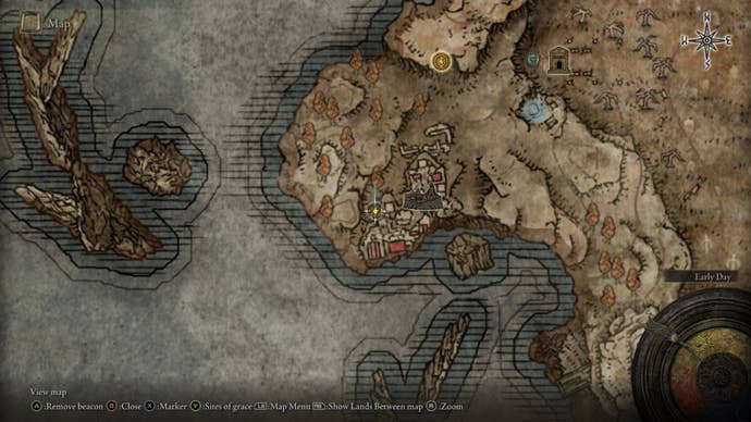 The location of the String-Seller’s Bell Bearing is marked on the Elden Ring Shadow of the Erdtree map