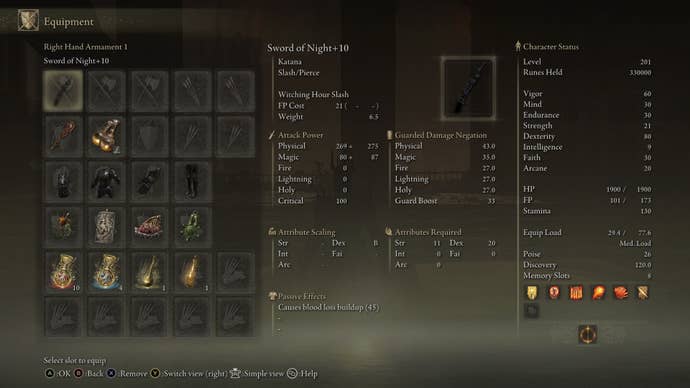 The equipment needed for a hybrid Fire and Sword of Night build is shown in the player equipment menu in Elden Ring Shadow of the Erdtree