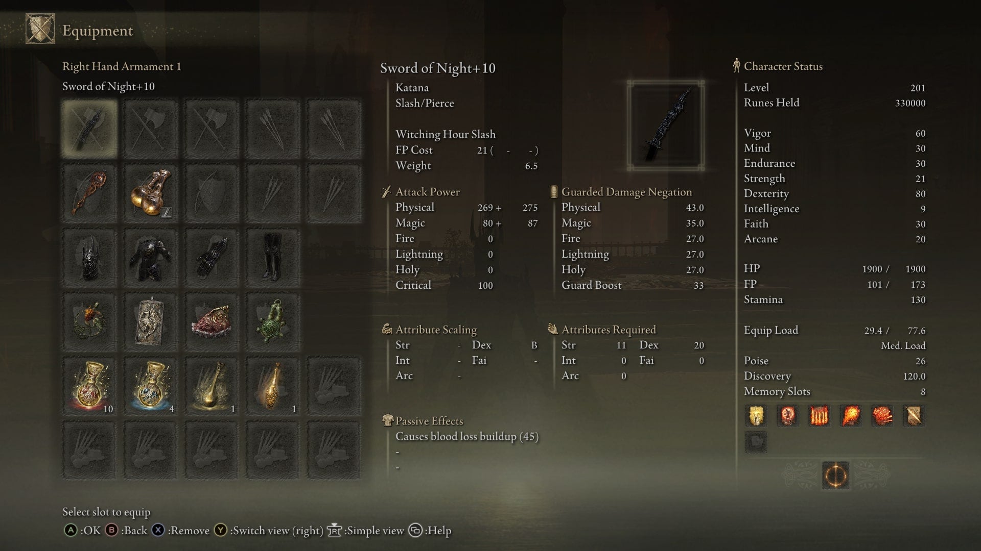 The equipment needed for a hybrid Fire and Sword of Night build is shown in the player equipment menu in Elden Ring Shadow of the Erdtree - 3