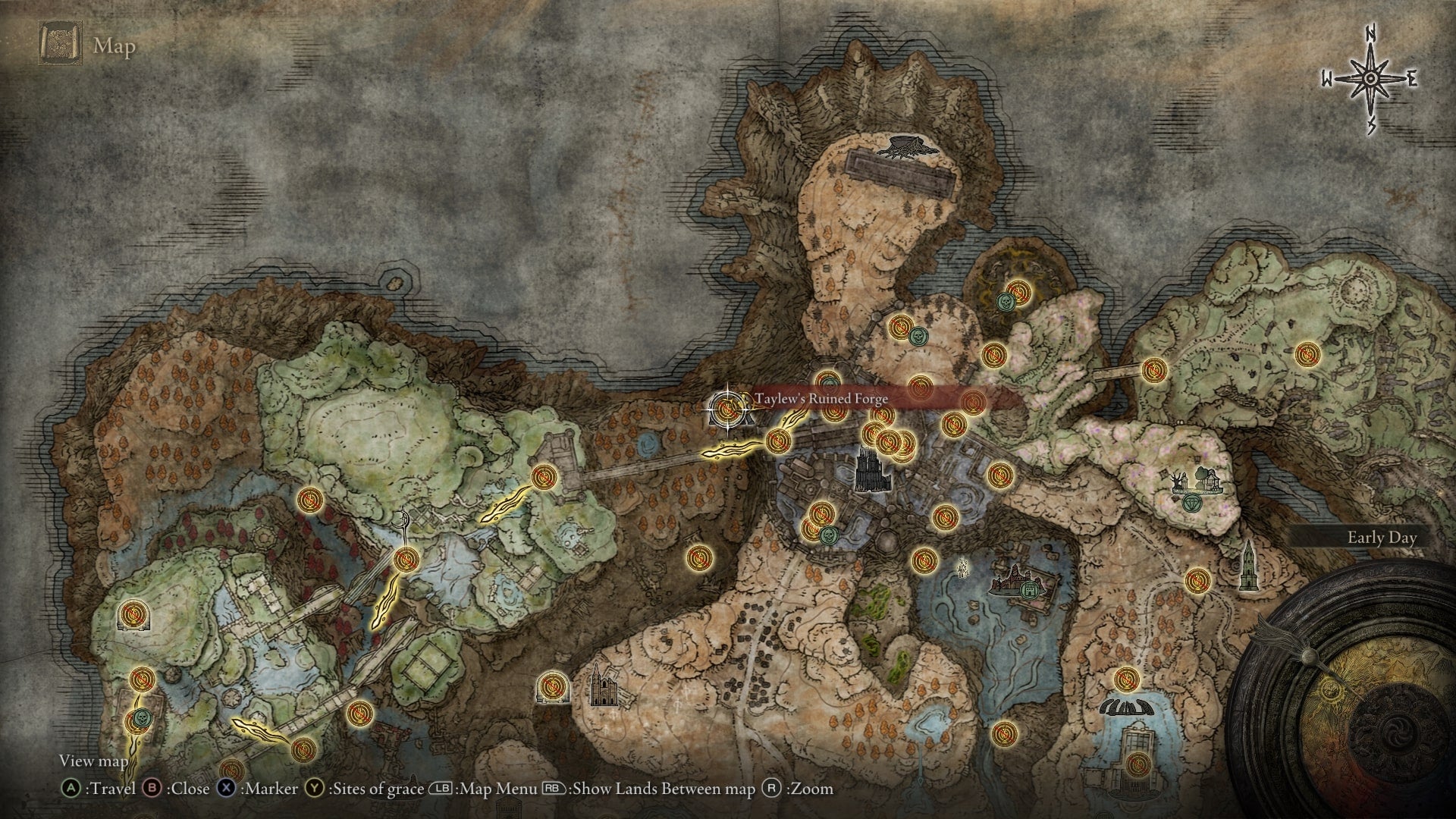 The location of Taylew&rsquo;s Ruined Forge is marked on the Elden Ring Shadow of the Erdtree map