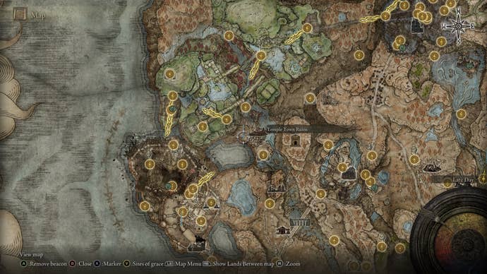 The location of a Scadutree Fragment at Temple Town Ruins is marked on the Elden Ring Shadow of the Erdtree map