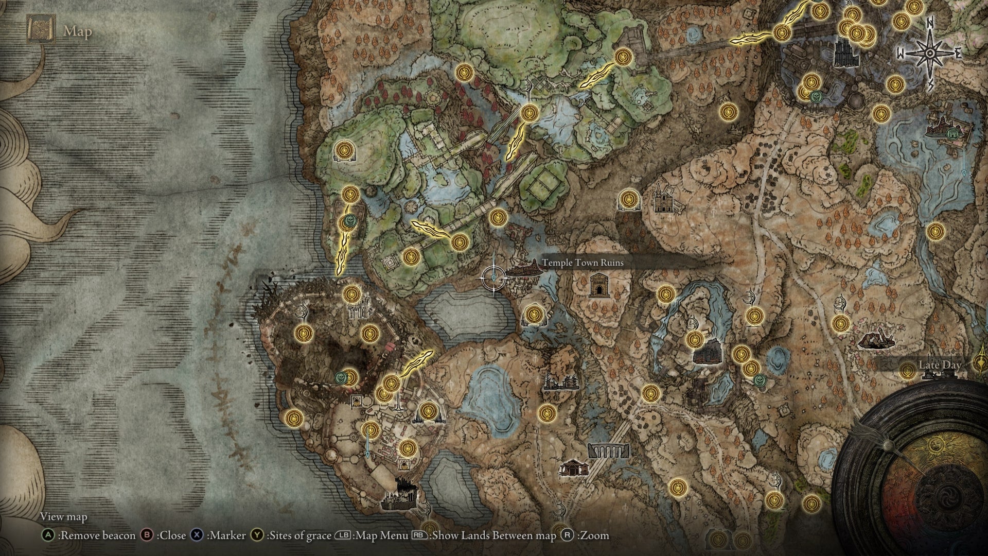 The location of a Scadutree Fragment at Temple Town Ruins is marked on the Elden Ring Shadow of the Erdtree map - 33