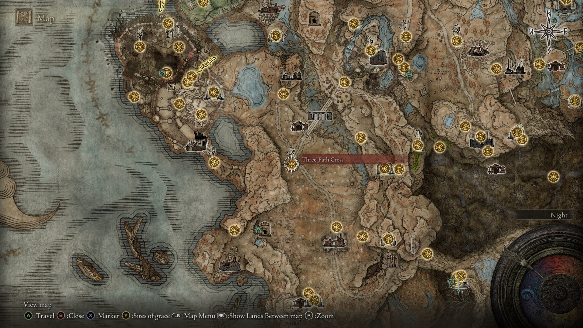The location of a Scadutree Fragment at the Three Path Cross of Miquella is marked on the Elden Ring Shadow of the Erdtree map - 3