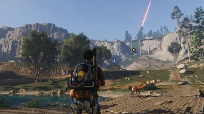 The player looks at the landscape surrounding their Iron River base in Once Human