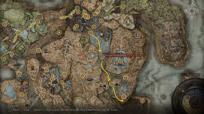 The route to Abyssal Woods is drawn on the Elden Ring Shadow of the Erdtree map