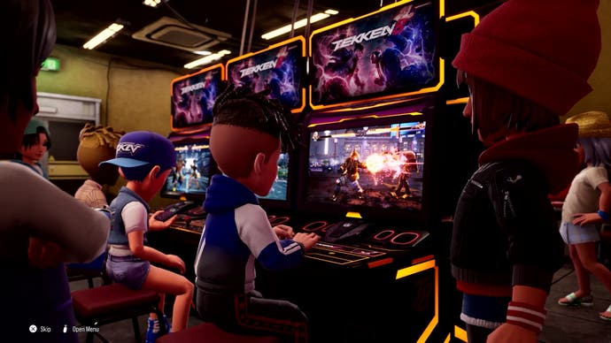 Tekken 8 screenshot showing the player's custom avatar at an arcade machine in Arcade Quest mode