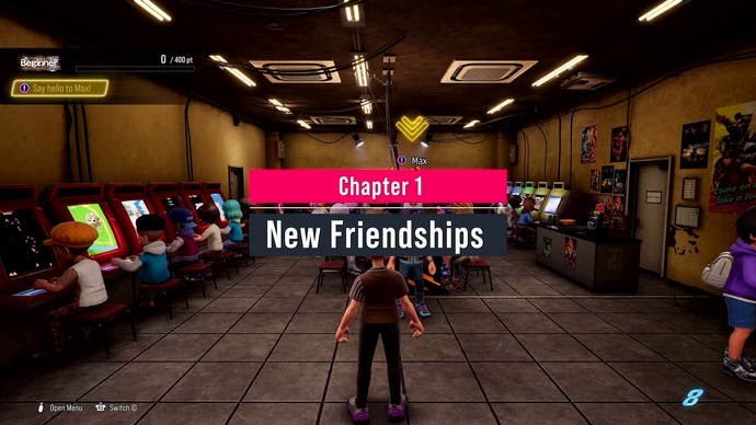 Tekken 8 screenshot showing a Chapter 1: New Friendships popup overlayed over the player character standing in a room full of arcade machines.