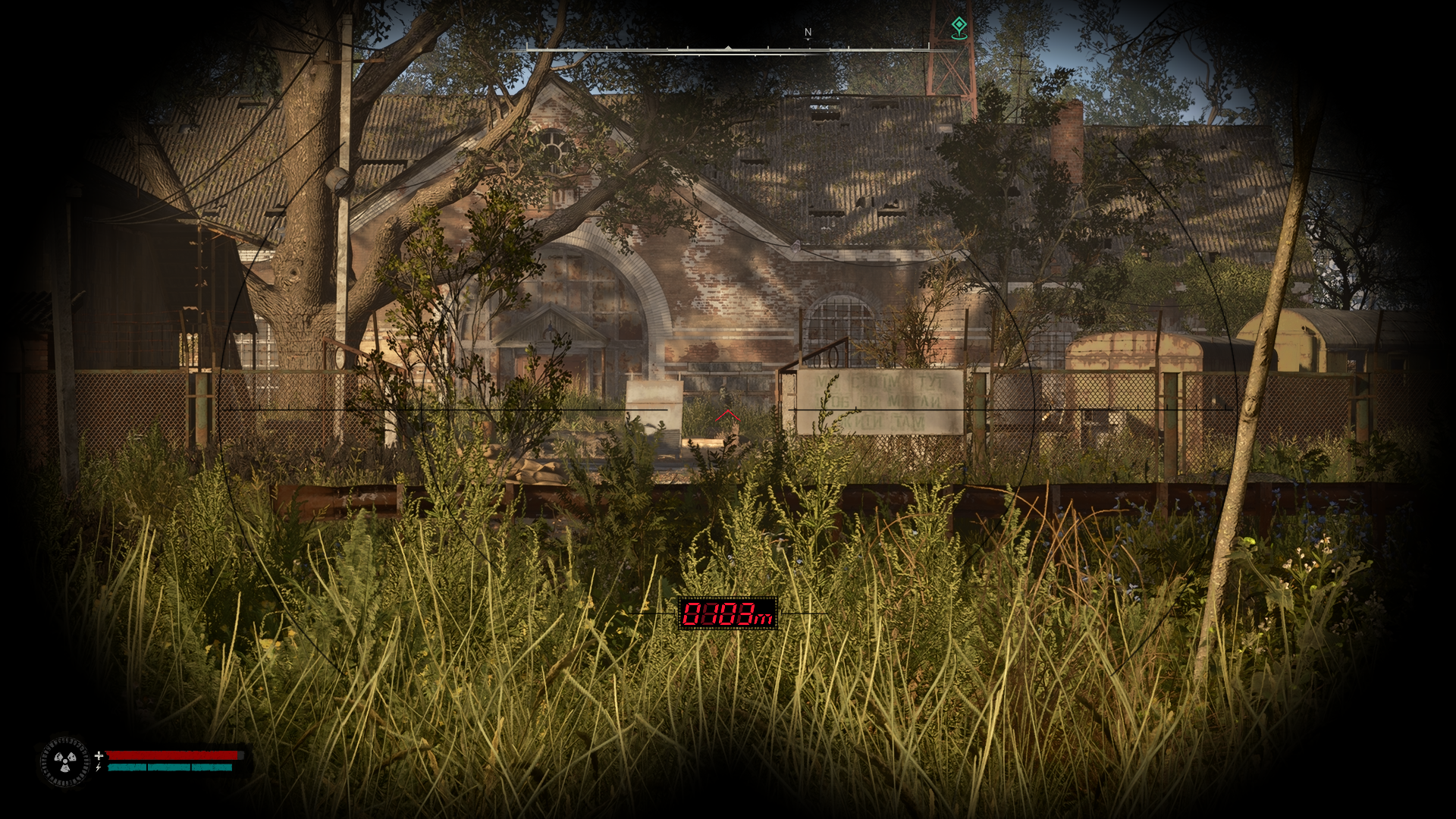 Looking through binoculars at an NPC guard in STALKER 2, with A-Life distance set to Highly Extended.