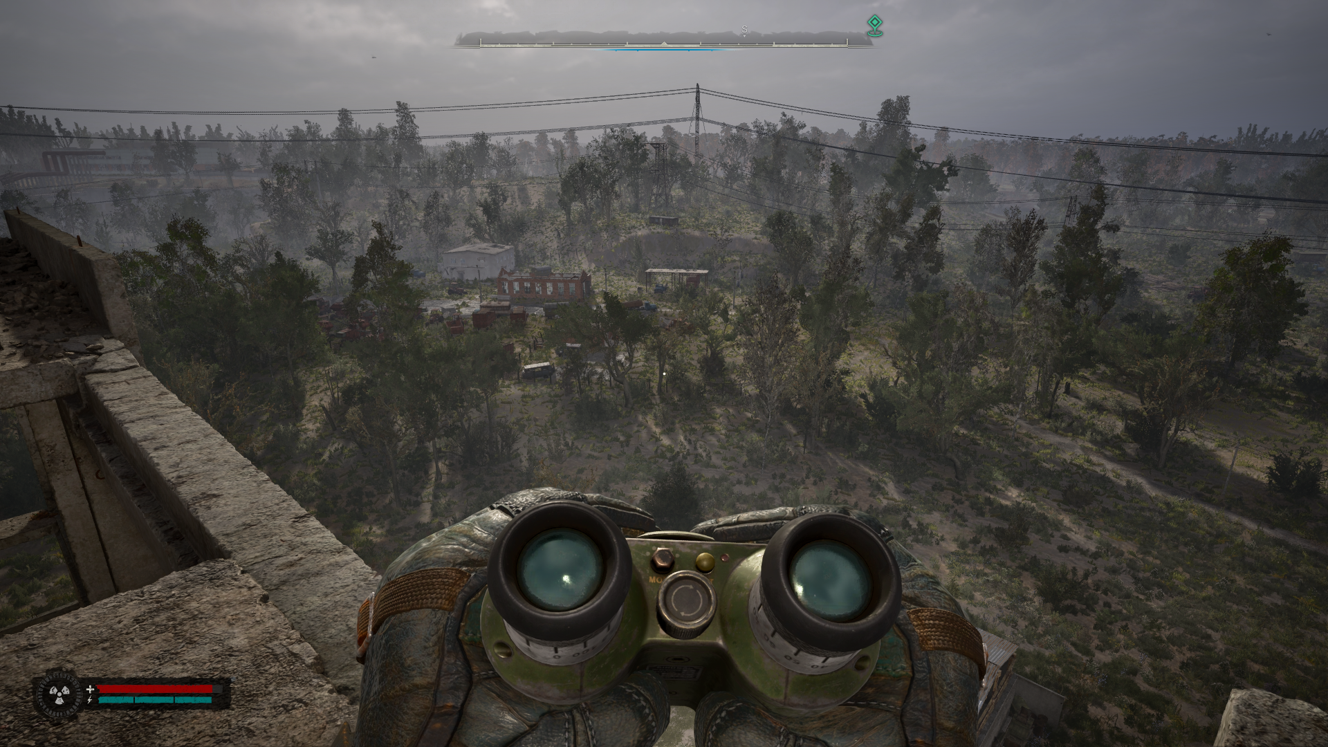 The player looks out at some trees from a high vantage point in STALKER 2.