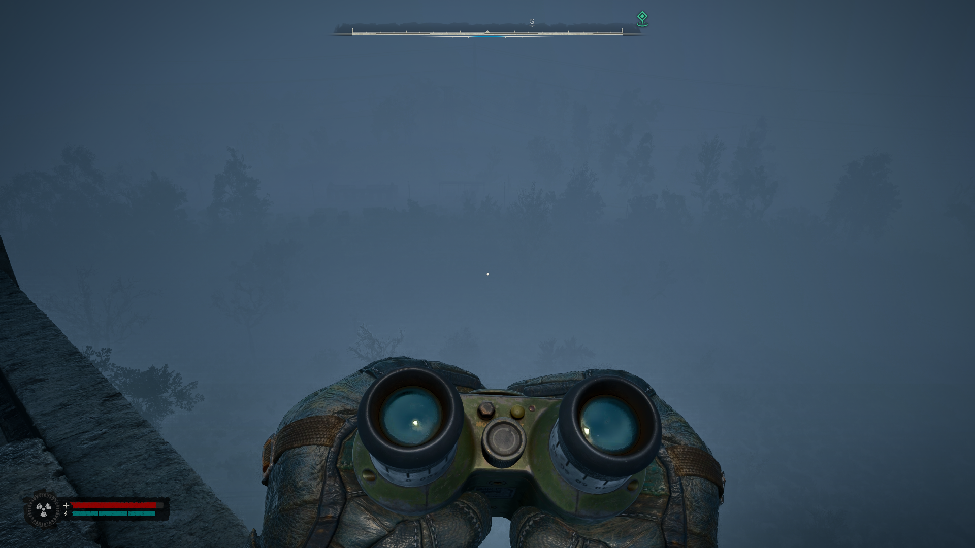 Fog covers the Zone in STALKER 2, with the player looking out some trees from a high vantage point.