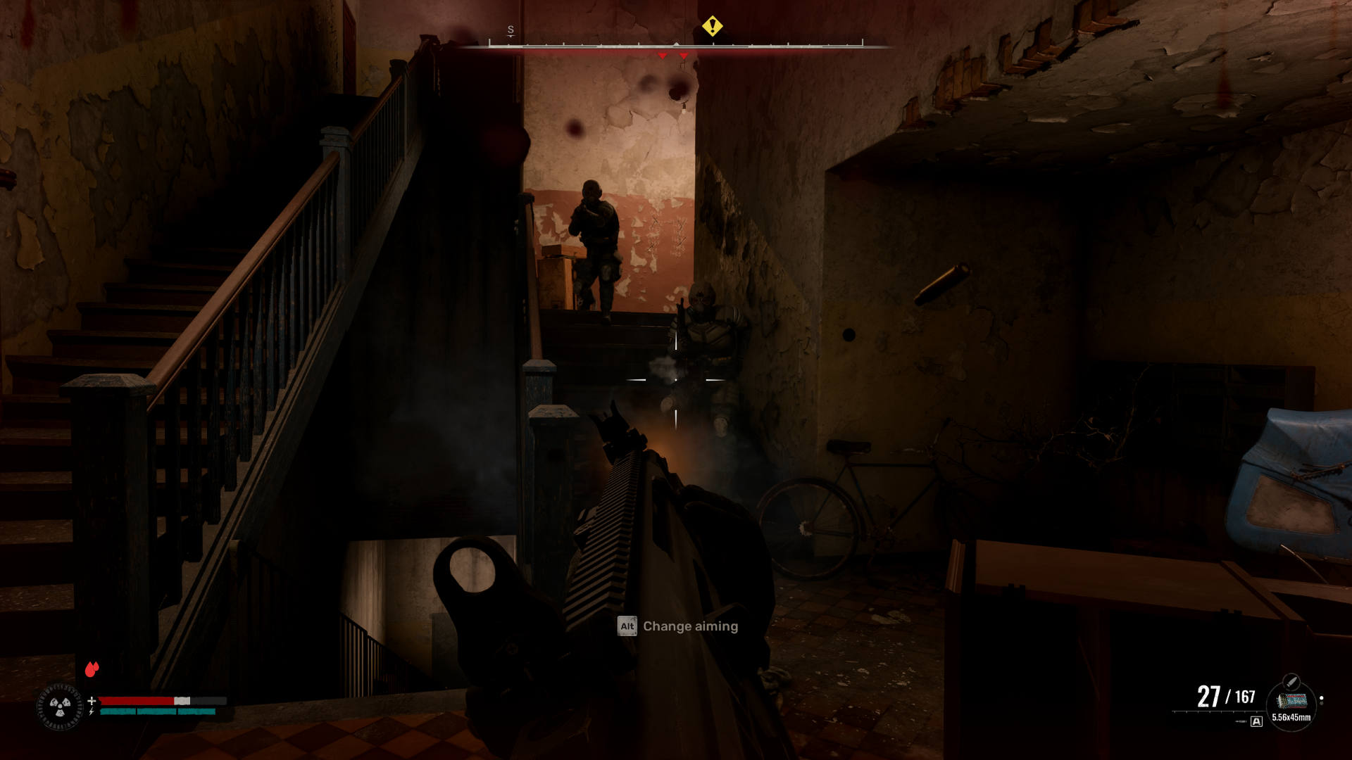 Fighting mercenaries in an apartment block hallway in STALKER 2: Cost of Hope.