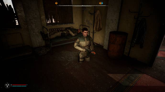 A bug sends a soldier sinking into the floor in S.T.A.L.K.E.R. 2: Heart of Chornobyl.