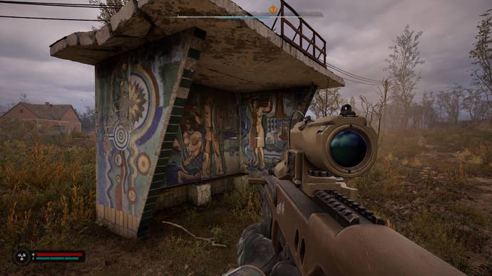 A bus shelter, showcasing some Ukrainian mosaic art, in S.T.A.L.K.E.R. 2: Heart of Chornobyl.