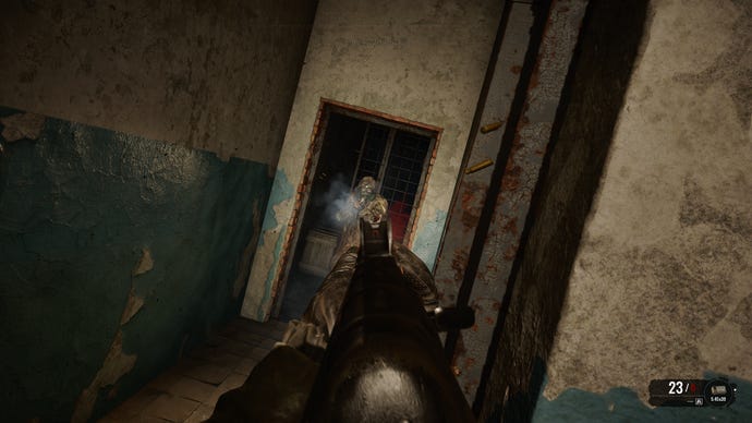 A hallway shootout in S.T.A.L.K.E.R. 2: Heart of Chornobyl.