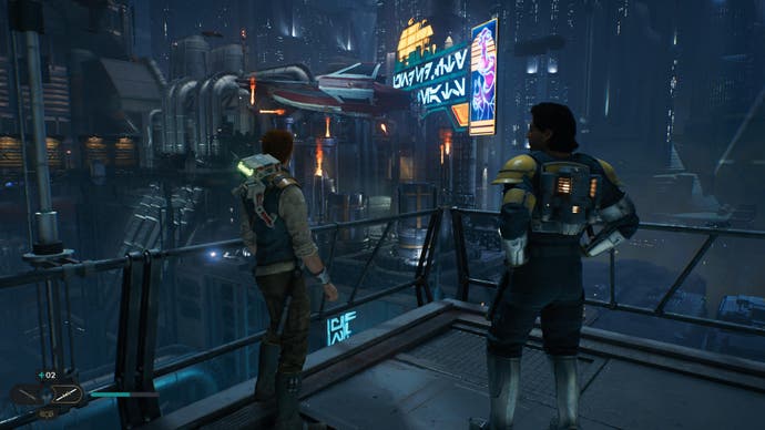 Star Wars Jedi Survivor review - screenshot showing Cal and new friend Bode overlooking the grey and neon of Coruscant at night