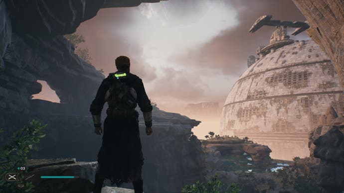 Star Wars Jedi Survivor review - screenshot showing Cal looking uptowards a distant, crumbling Lucrehulk, one of the orb-shaped ships from Attack of the Clones