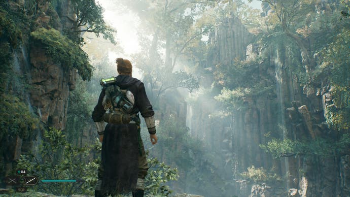 Star Wars Jedi Survivor review - screenshot showing Cal looking up towards a lush green jungle with god rays through the leaves