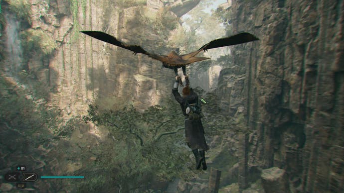 Star Wars Jedi Survivor review - screenshot showing Cal gliding below a tamed created in a jungle valley