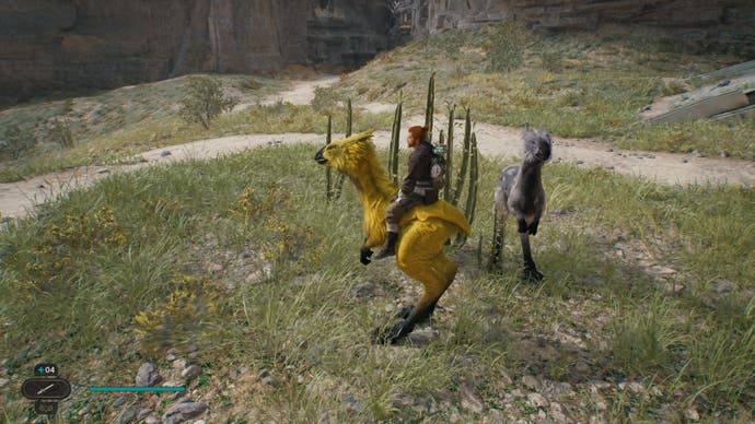 Star Wars Jedi Survivor review - screenshot showing Cal sitting on a bright yellow Chocobo-like creature