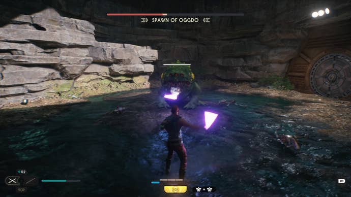 Lightsaber throw in Spawn of Oggdo fight