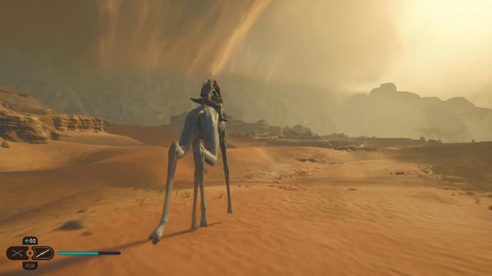Star Wars Jedi Survivor review - screenshot showing Cal and Merrin riding a strange lanky cow-horse-dog through the desert in front of a sandstorm on Jedha
