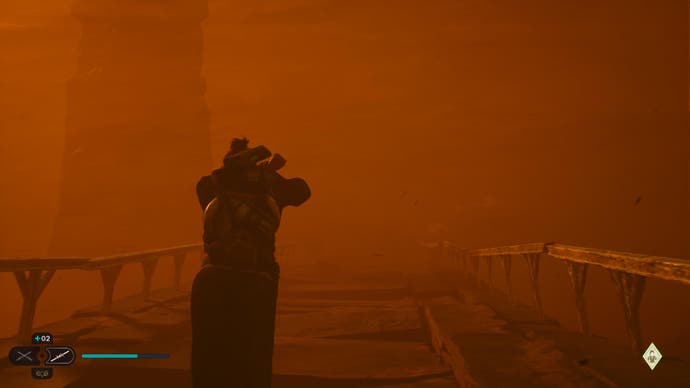 Star Wars Jedi Survivor review - screenshot showing Cal pushing on through a deep rusty orange-hued sandtorm