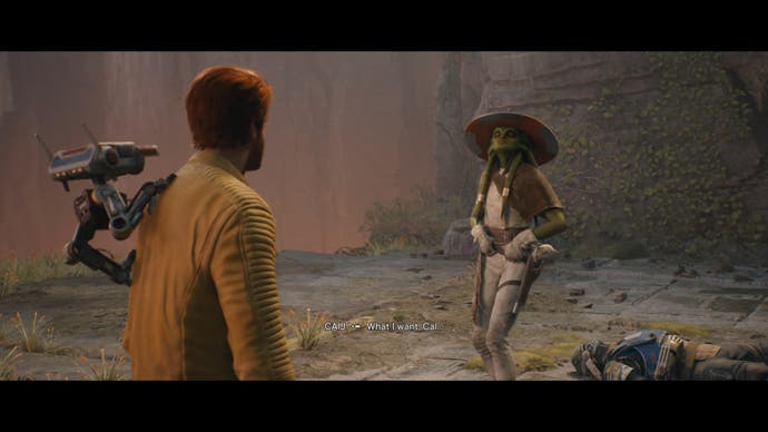 Star Wars Jedi Survivor review - screenshot showing Cal and BD-1 talking to green alien with a sombrero and her thumbs in her belt