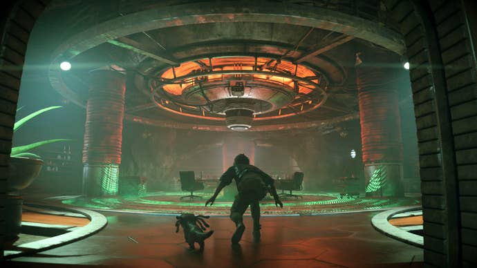 Star Wars Outlaws: Kay Voss in stealth, infiltrating a sci-fi hub room