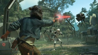 Star Wars Outlaws screenshot showing Kay Vess firing a blaster at Imperial troops.