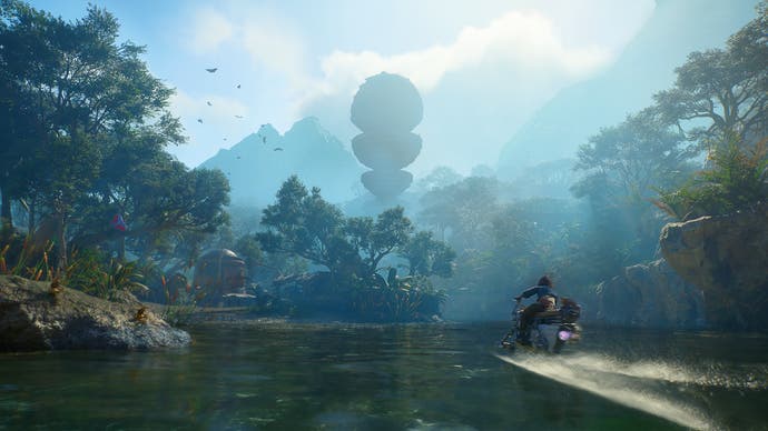 Screenshot from Star Wars Outlaws showing Kay Vess riding a hover bike towards a giant structure in a forest.
