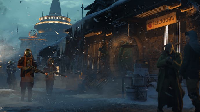 Captura de pantalla de Star Wars Outlaws que muestra el exterior de una cantina en una calle de un planeta alienígena.