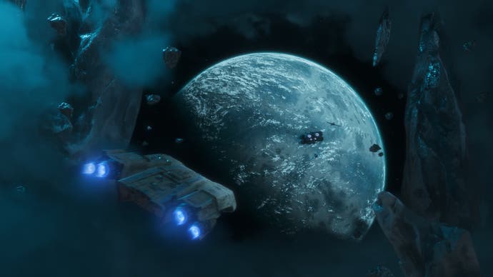 Screenshot from Star Wars Outlaws showing a spaceship approaching a planet in the distance.