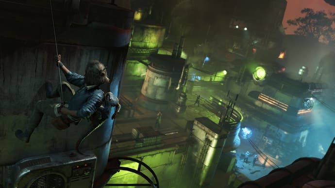 Star Wars Outlaws screenshot showing Kay Vess infiltrating a neon base.