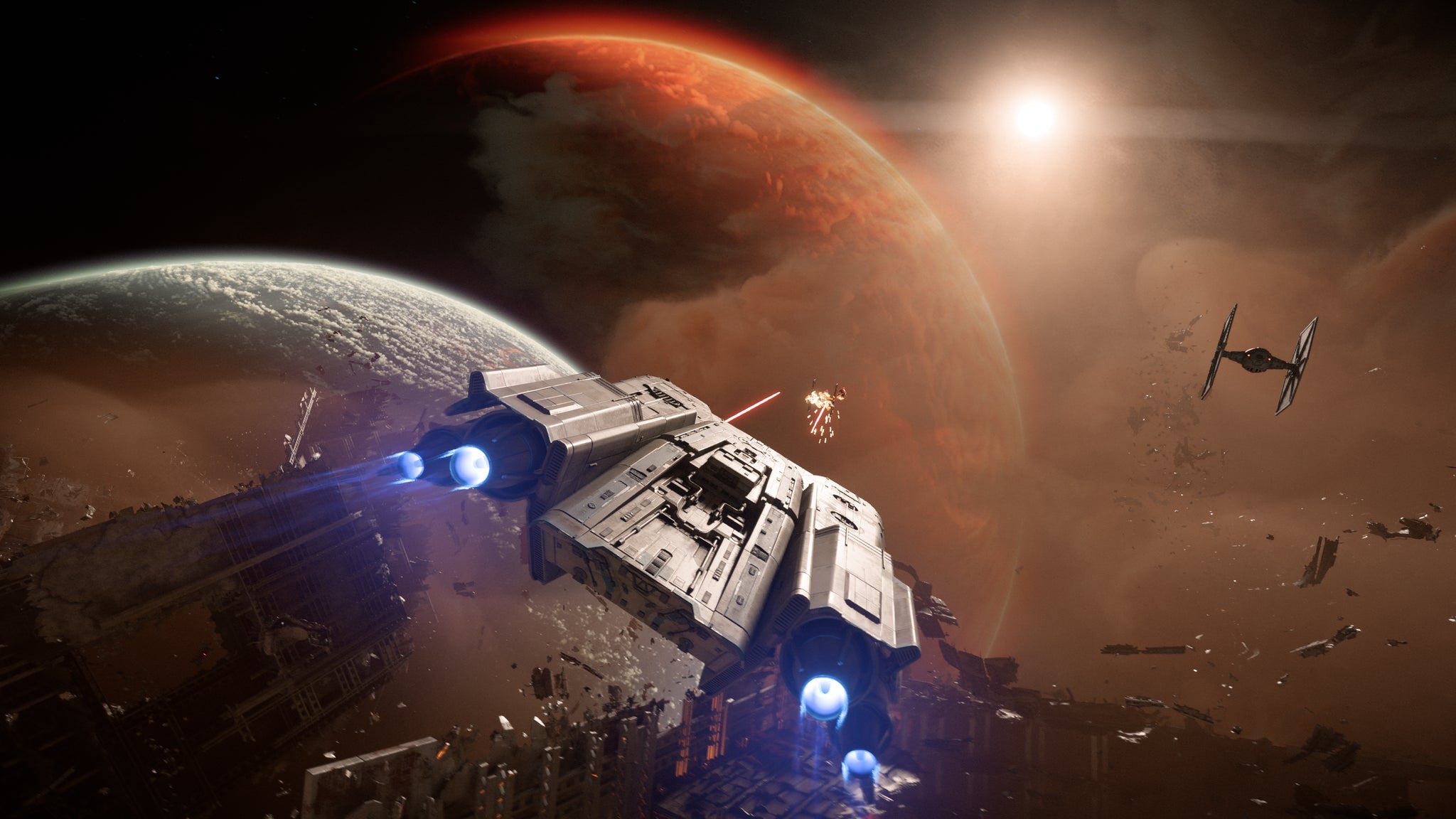 Your ship in Star Wars Outlaws, fighting Tie Fighters near a planet - 4