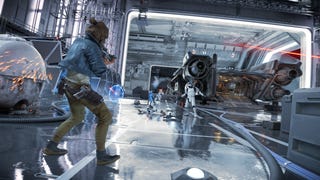 Kay, the star of Star Wars Outlaws, shooting at Stormtroopers in a hangar