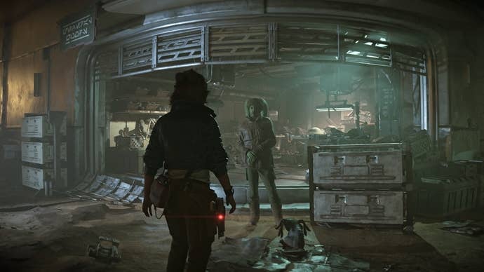 Star Wars Outlaws: Kay Voss approaches a shady contact in a seedy underworld.