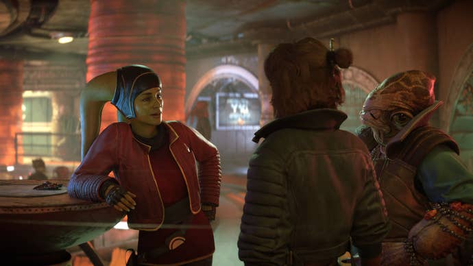 Star Wars Outlaws: a group of people stand around and talk in a cantina
